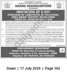 Newspaper clipping: NADRA HQ Invitation of E-Bid: Purchase of Land/Plots in Industrial Area Rawat (Rawalpindi) — Tender NADRA-HQ-RFB-81/2026, Dawn, 17 Jul 2026