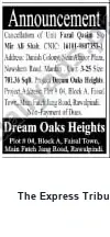 Newspaper clipping: Cancellation Notice: Plot 04, Block A, Dream Oaks Heights, Faisal Town, Rawalpindi, The Express Tribune, 18 Jul 2026