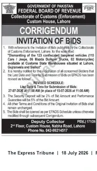 Newspaper clipping: FBR Corrigendum — Revised Bid Deadline for Dismantling Confiscated Vehicles (Custom House Lahore), The Express Tribune, 18 Jul 2026