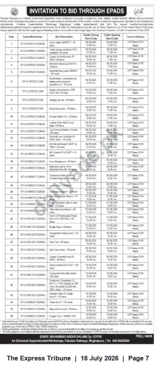 Newspaper clipping: Pakistan Railways Invitation to Bid via ePADS – Multiple Supply Tenders (38 Packages), The Express Tribune, 18 Jul 2026