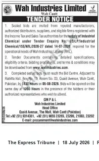 Newspaper clipping: Wah Industries Limited Tender for Industrial Chemicals — Tender Enquiry No. 02/LP/Industrial Chemical/155/WIL/2026-27, The Express Tribune, 18 Jul 2026