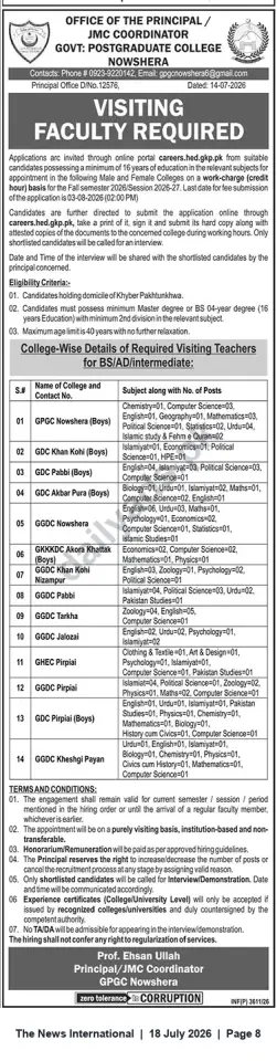 Newspaper clipping: Visiting Faculty Vacancies — Govt Postgraduate College Nowshera (Multiple Degree Colleges) — Apply by 2026-08-03, The News International, 18 Jul 2026