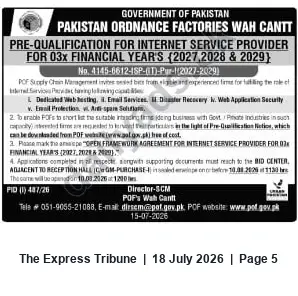 Newspaper clipping: POF Wah Cantt: Pre-Qualification for Internet Service Provider (FY 2027–2029), The Express Tribune, 18 Jul 2026