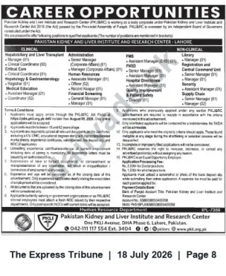Newspaper clipping: PKLI & Research Center Lahore – Multiple Clinical and Non-Clinical Job Vacancies (Apply by 2026-08-01), The Express Tribune, 18 Jul 2026