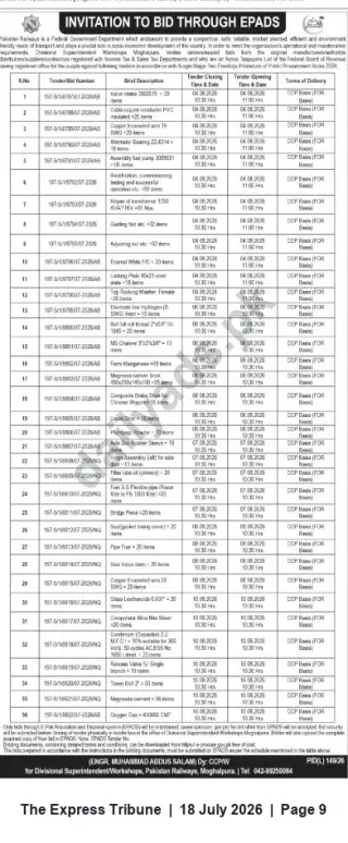 Newspaper clipping: Pakistan Railways (Workshops Mughalpura, Lahore) — Invitation to Bid via ePADS for Multiple Supply Items, The Express Tribune, 18 Jul 2026