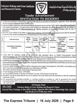 Newspaper clipping: Tender: Procurement of Thompson Reactor — Pakistan Kidney & Liver Institute & Research Center, The Express Tribune, 18 Jul 2026