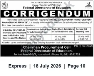 Newspaper clipping: FDE Corrigendum: Revised Dates for Pre-Qualification of Event Management Firms, Express, 18 Jul 2026