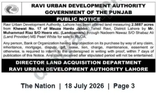 Newspaper clipping: Public Notice: 2.5887 Acres Offered to Ravi Urban Development Authority — Mauza Hardo Jabbo, Lahore, The Nation, 18 Jul 2026