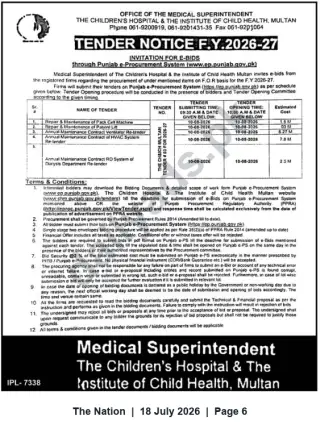 Newspaper clipping: Tender Notice FY 2026-27 — The Children's Hospital & Institute of Child Health, Multan, The Nation, 18 Jul 2026