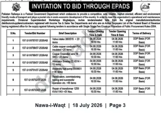 Newspaper clipping: Pakistan Railways Invitation to Bid via ePADS — Tenders Closing 2026-08-04, Nawa-i-Waqt, 18 Jul 2026
