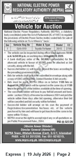 Newspaper clipping: NEPRA Public Auction: Toyota Fortuner (2015) – GAA-919, Express, 19 Jul 2026