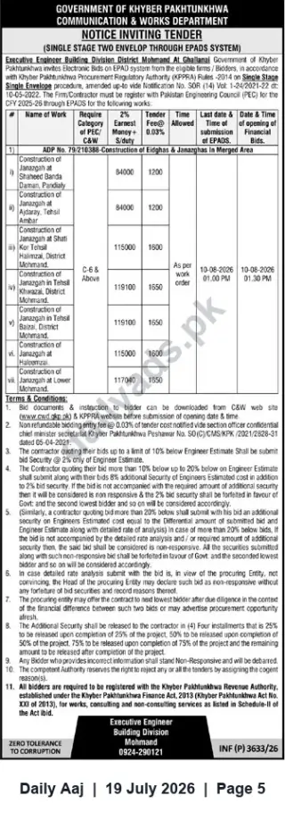 Newspaper clipping: Tender: Construction of Eidgahs & Janazgahs (ADP No.79/2/10388) — Building Division Mohmand, Daily Aaj, 19 Jul 2026