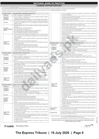 Newspaper clipping: National Bank of Pakistan – Career Opportunities: ID Management, Finance & Governance Roles, The Express Tribune, 19 Jul 2026