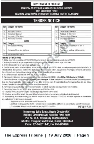 Newspaper clipping: Tender Notice – Procurement & Services | ANF Regional Directorate (North), Islamabad, The Express Tribune, 19 Jul 2026