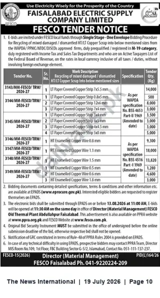 Newspaper clipping: FESCO Tenders for Recycling/Dismantling of HT/LT Copper Scrap (Multiple Lots), The News International, 19 Jul 2026