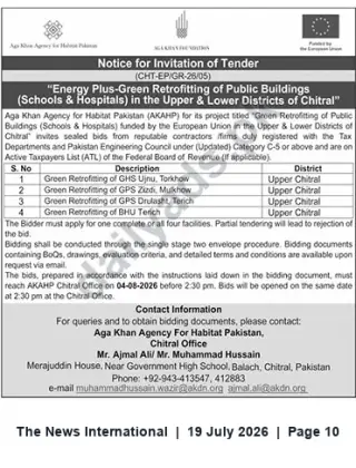 Newspaper clipping: Tender: Green Retrofitting of Public Buildings in Chitral (CHT-EP/GR-26/05), The News International, 19 Jul 2026