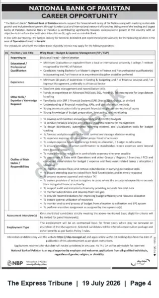 Newspaper clipping: National Bank of Pakistan — Head, Budget & Expense Management (VP / SVP) — Karachi, The Express Tribune, 19 Jul 2026