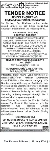 Newspaper clipping: Tender for Consultancy: Office/Furniture Layout Design – SNGPL (Tender Enquiry CC/MOD/FER/INTL/SCC/26/001), The Express Tribune, 19 Jul 2026