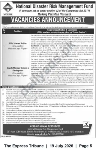 Newspaper clipping: NDRMF (Islamabad) Vacancies — Chief Internal Auditor & Deputy Manager Gender & Development, The Express Tribune, 19 Jul 2026