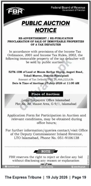 Newspaper clipping: FBR Public Auction: 527K-10M Land at Mauza Kathar Sharqi, Murree – 27 July 2026, The Express Tribune, 19 Jul 2026