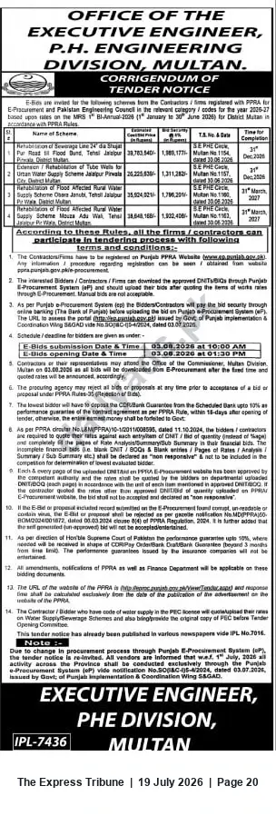 Newspaper clipping: Tender Notice — Executive Engineer, P.H. Engineering Division Multan: E-Bids for Water & Sewerage Rehabilitation Works, The Express Tribune, 19 Jul 2026