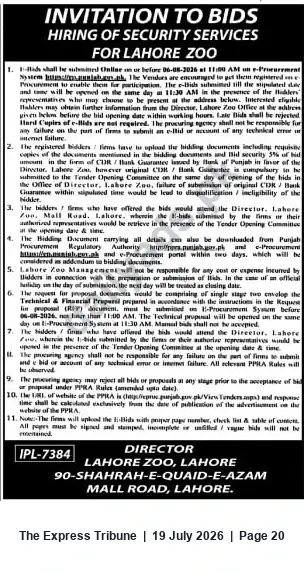 Newspaper clipping: Tender: Hiring of Security Services for Lahore Zoo, The Express Tribune, 19 Jul 2026