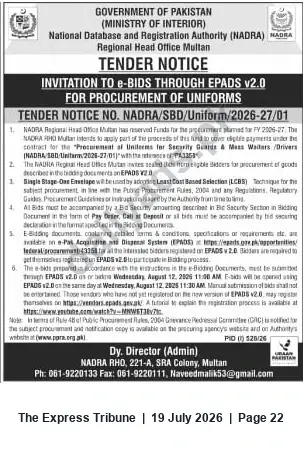 Newspaper clipping: NADRA RHO Multan Tender for Procurement of Uniforms (Tender No. NADRA/SBD/Uniform/2026-27/01), The Express Tribune, 19 Jul 2026