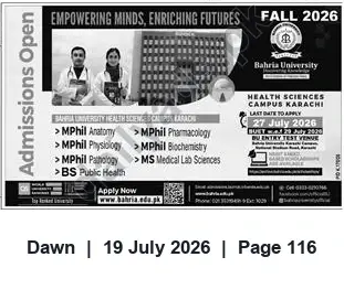 Newspaper clipping: Bahria University Health Sciences Campus Karachi — Admissions Open Fall 2026, Dawn, 19 Jul 2026