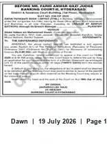 Newspaper clipping: Notice: Proceedings Before Judge Farid Anwar Qazi — Banking Court Hyderabad, Dawn, 19 Jul 2026