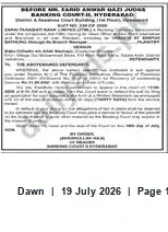 Newspaper clipping: Proceedings Before Mr. Farid Anwar Qazi — Banking Court Hyderabad, Dawn, 19 Jul 2026