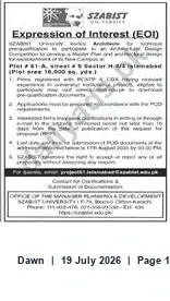 Newspaper clipping: SZABIST Expression of Interest for Plot 61-A (Plot area 16,000), Dawn, 19 Jul 2026