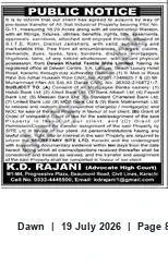 Newspaper clipping: Public Notice by Advocate K.D. Rajani, Dawn, 19 Jul 2026