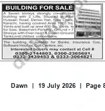 Newspaper clipping: Building for Sale on Alla Hussain Road, Denso Hall, Dawn, 19 Jul 2026