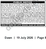 Newspaper clipping: Public Notice — High Court Karachi: Khalid Inam S/O Late Sheikh Nam-ur-Rehman, Dawn, 19 Jul 2026