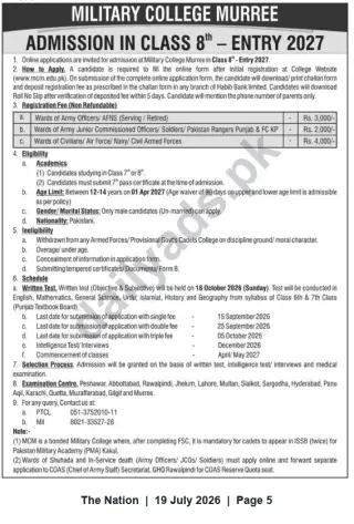 Newspaper clipping: Military College Murree — Class 8 Admissions (Entry 2027) — Apply by 2026-10-05, The Nation, 19 Jul 2026