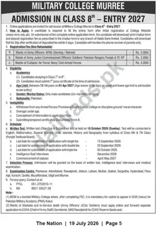 Newspaper clipping: Military College Murree — Class 8 Admissions Entry 2027 (Apply by 2026-10-05), The Nation, 19 Jul 2026