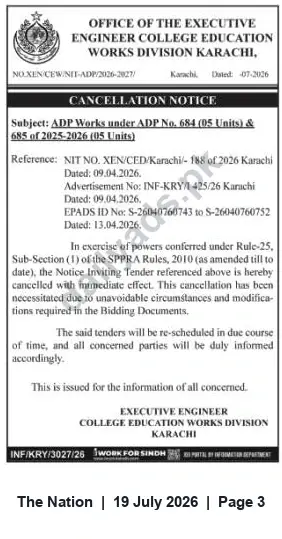 Newspaper clipping: Karachi: Cancellation of ADP Works Tenders (ADP Nos. 684 & 685), The Nation, 19 Jul 2026