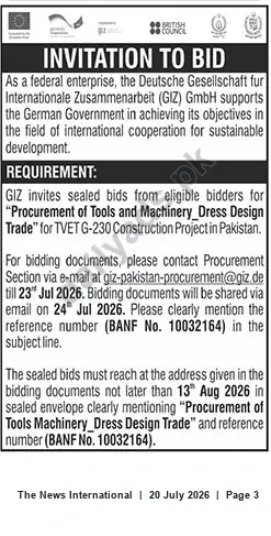 Newspaper clipping: GIZ Invitation to Bid: Procurement of Tools and Machinery – Dress Design Trade (BANF No. 10032164), The News International, 20 Jul 2026