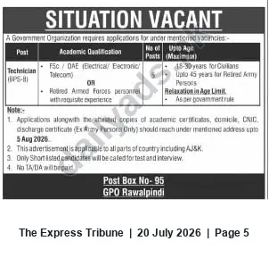 Newspaper clipping: Government Organization Hiring Technicians (BPS-8) – 5 Vacancies – Rawalpindi, The Express Tribune, 20 Jul 2026