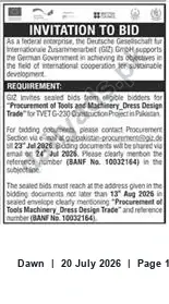 Newspaper clipping: GIZ Pakistan Invitation to Bid: Tools & Machinery for Dress Design Trade (BANF No. 10032164), Dawn, 20 Jul 2026