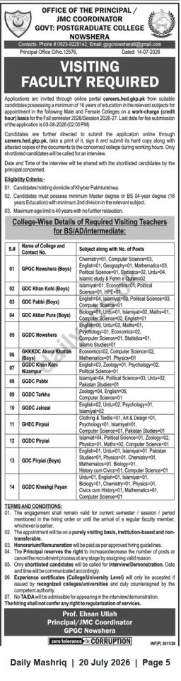 Newspaper clipping: Visiting Faculty Required — Govt. Postgraduate College Nowshera (BS/AD/Intermediate), Daily Mashriq, 20 Jul 2026