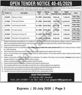Newspaper clipping: Open Tender Notice 40-45/2026 — Sealed Bids for Equipment and Services (Islamabad), Express, 20 Jul 2026