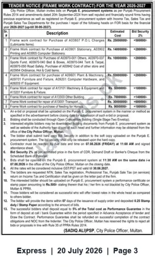 Newspaper clipping: City Police Officer Multan Tender: Framework Contracts for Supplies & Repairs (FY 2026-27), Express, 20 Jul 2026