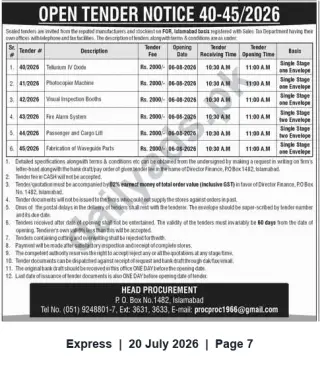 Newspaper clipping: Open Tender Notice 40-45/2026 — Head Procurement, Islamabad, Express, 20 Jul 2026