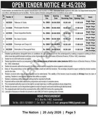 Newspaper clipping: Open Tender Notice 40-45/2026 — Photocopier, Inspection Booths, Fire Alarm, Lifts & Waveguide Parts (Islamabad), The Nation, 20 Jul 2026