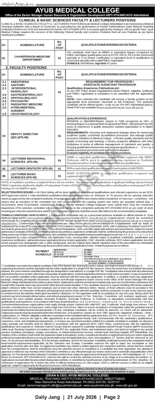 Newspaper clipping: Ayub Medical College Abbottabad – Faculty & Lecturer Vacancies (Clinical & Basic Sciences), Jang, 21 Jul 2026