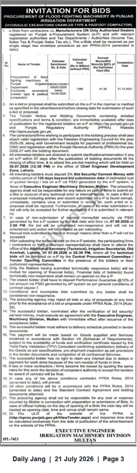 Newspaper clipping: Tender: Procurement of Flood-Fighting Hydraulic Crawler Excavators – Irrigation Machinery Division Multan, Jang, 21 Jul 2026