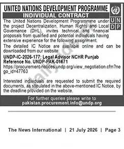 Newspaper clipping: UNDP Individual Contract: Legal Advisor for NCHR Punjab (UNDP-IC-2026-177), The News International, 21 Jul 2026