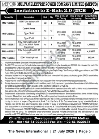 Newspaper clipping: MEPCO Invitation to E-Bids 2.0 — Supply of Line Isolators, Control & Metering Panels (Closing 2026-08-07), The News International, 21 Jul 2026