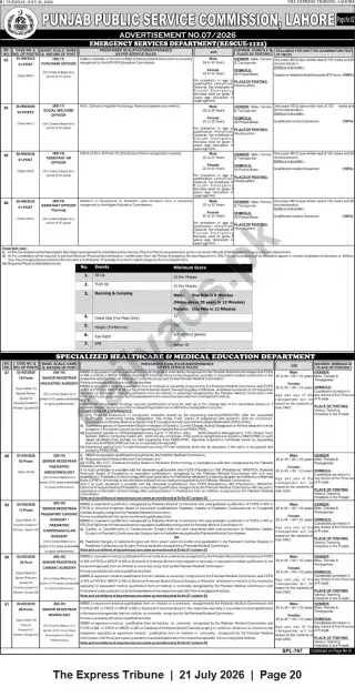 Newspaper clipping: PPSC Advertisement No.07/2026 — Emergency Services (Rescue 1122) & Senior Registrar Vacancies (Specialized Healthcare), The Express Tribune, 21 Jul 2026